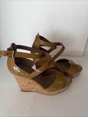Olive Patent Cork Wedge Sandals - Women's Strappy Platform Heels